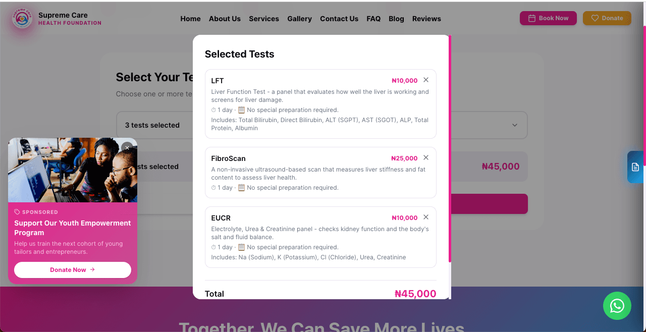 Patient selecting and paying for lab tests
