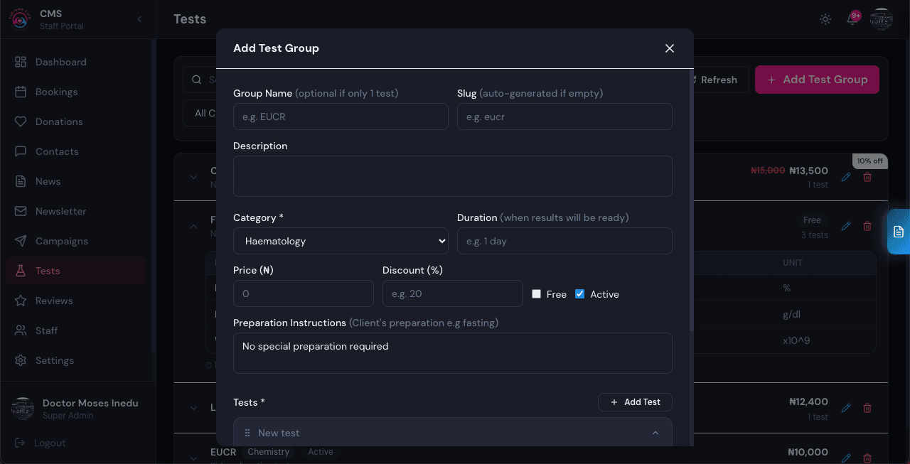 Adding a new test group to the catalogue, dark theme