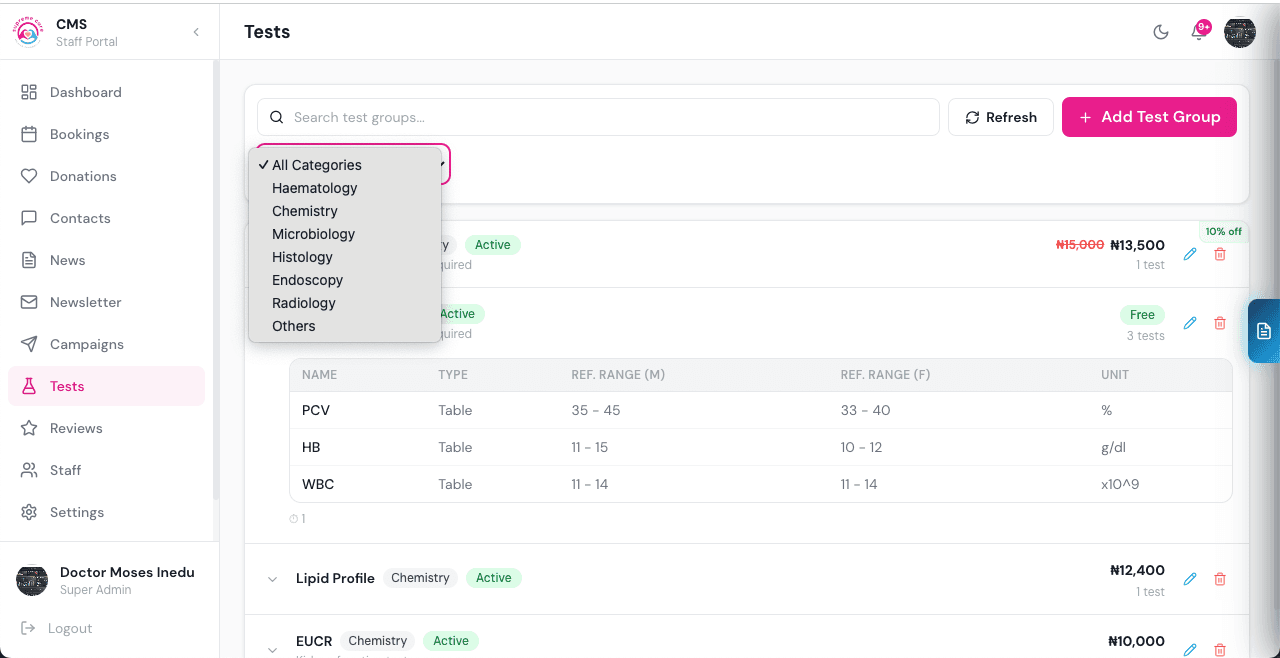 Filtering the test catalogue by category, dark theme