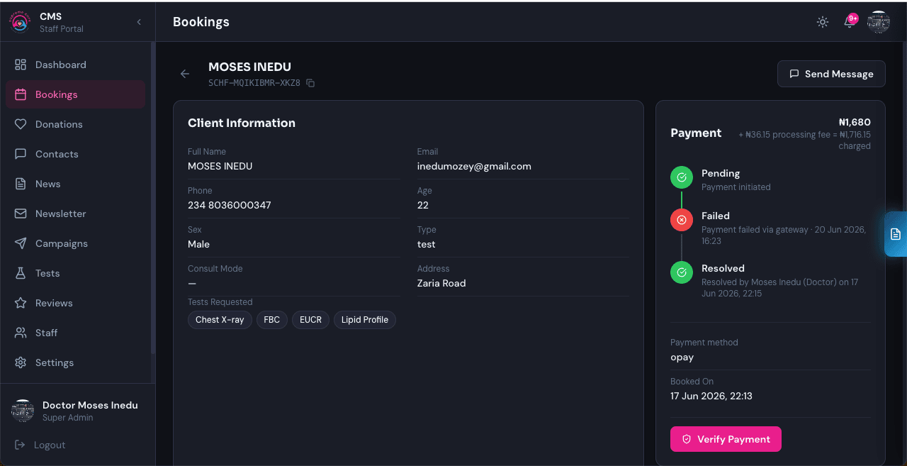 Staff booking detail with payment status timeline, dark theme