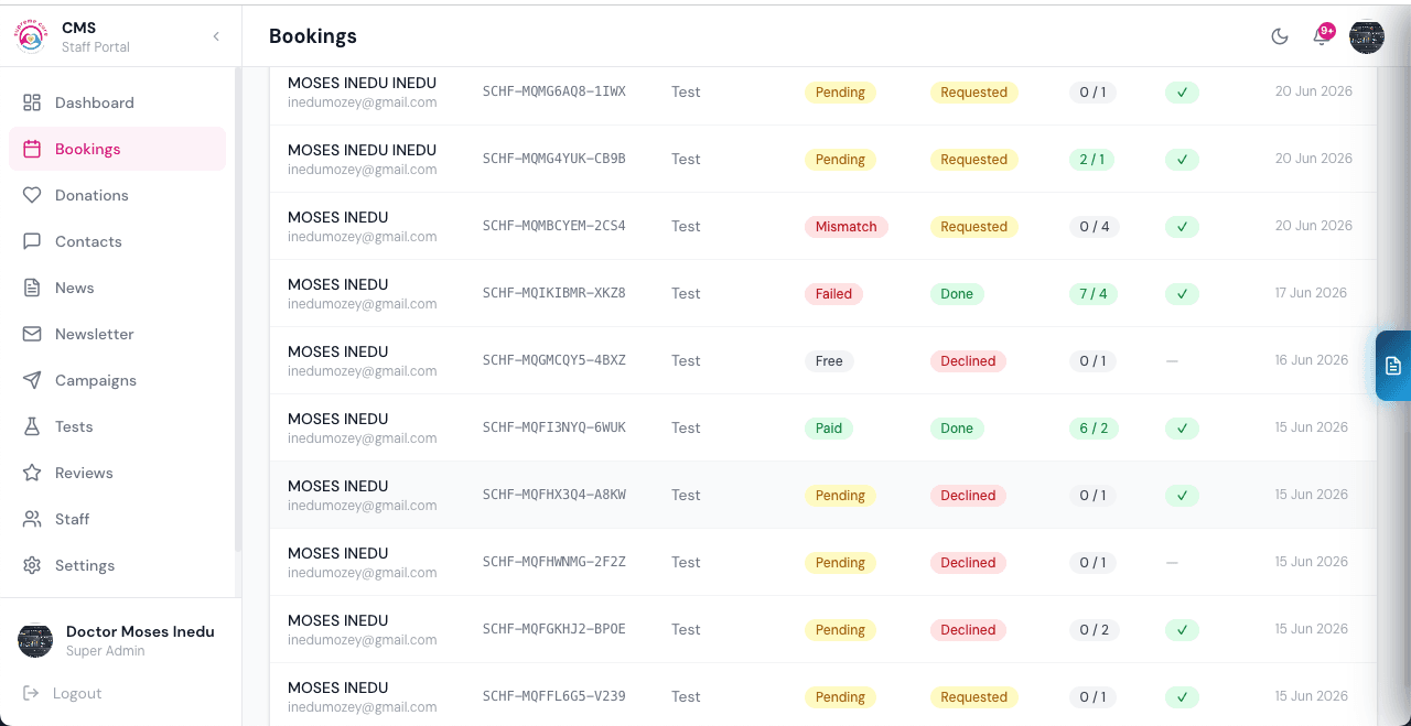 Staff bookings list with payment and result status, dark theme