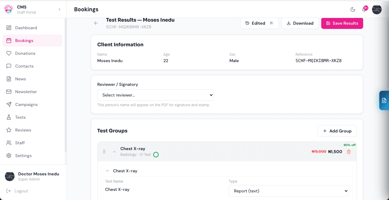 Writing up a patient's test results in the report editor, dark theme