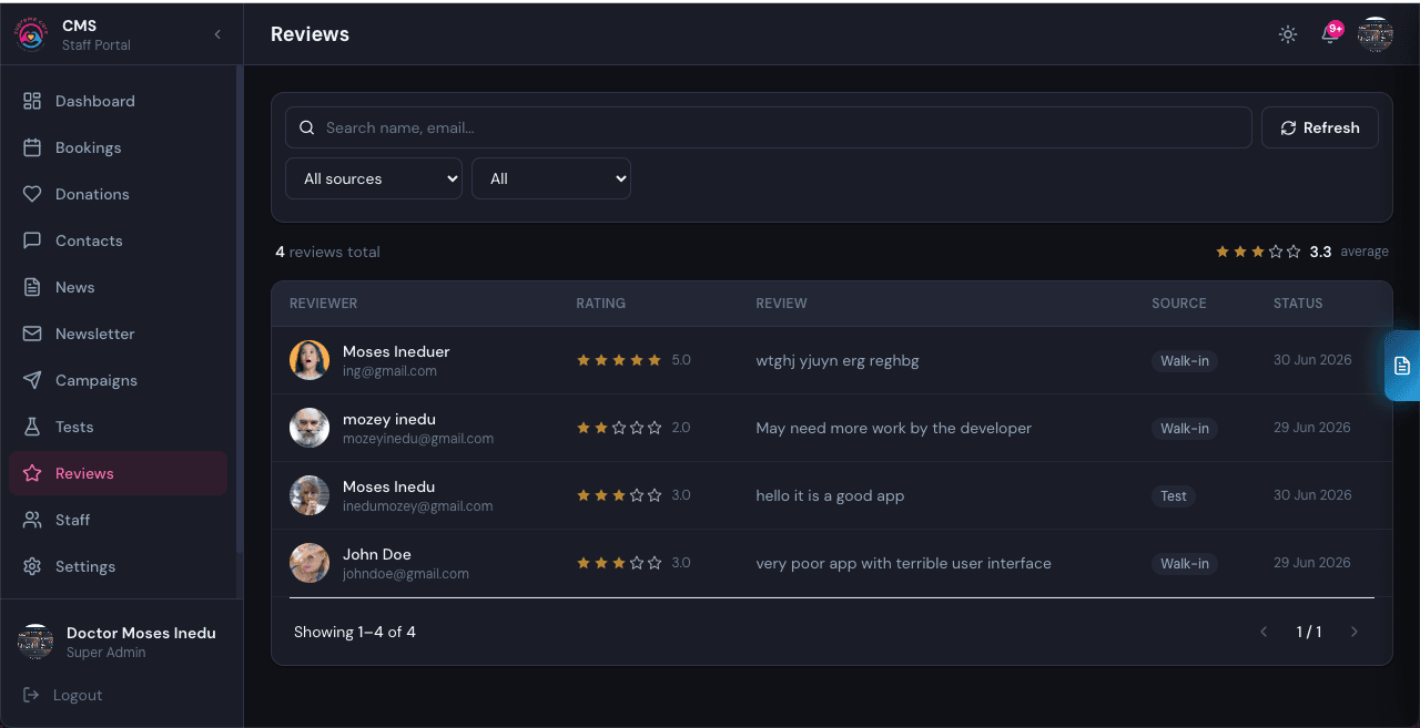 Review moderation dashboard, dark theme